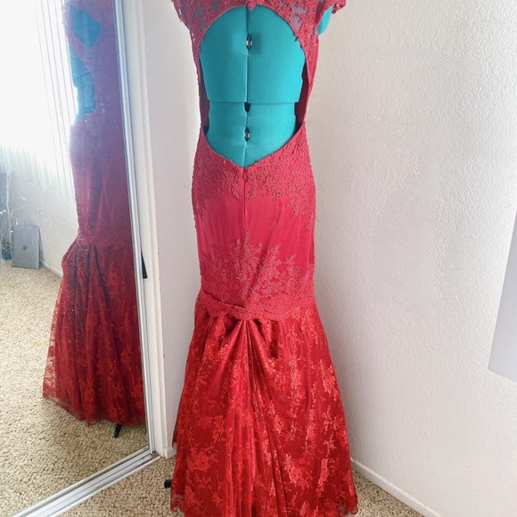 CLARISSE MAROON LACE SEQUIN SWEETHEART NECKLINE OPEN BACK MERMAID PROM DRESS 8 - Picture 4 of 5